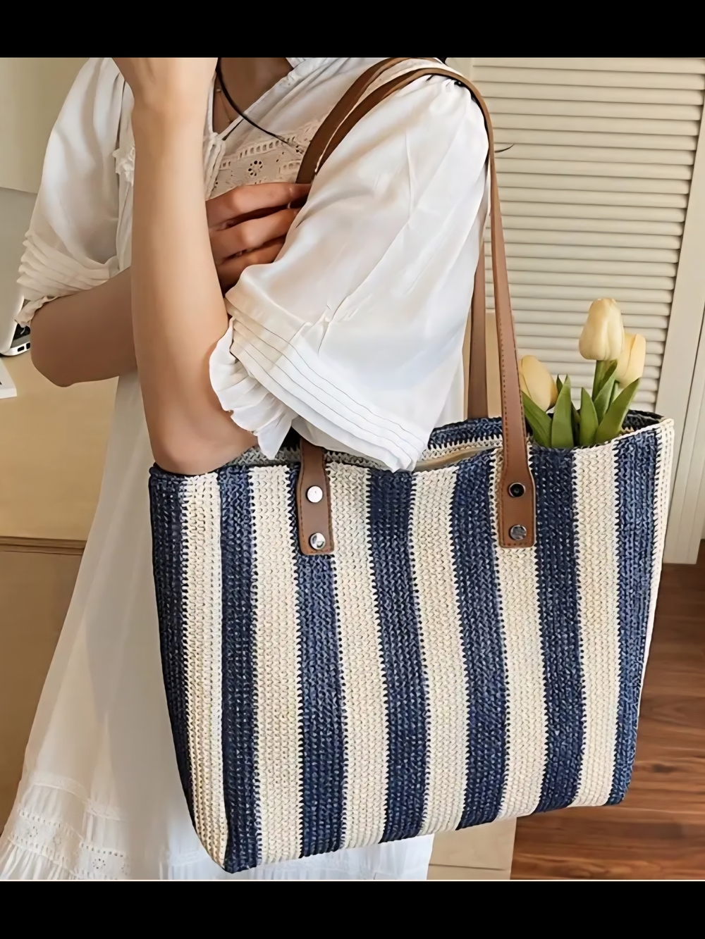 Striped Navy & Cream Tote with Tan Handles